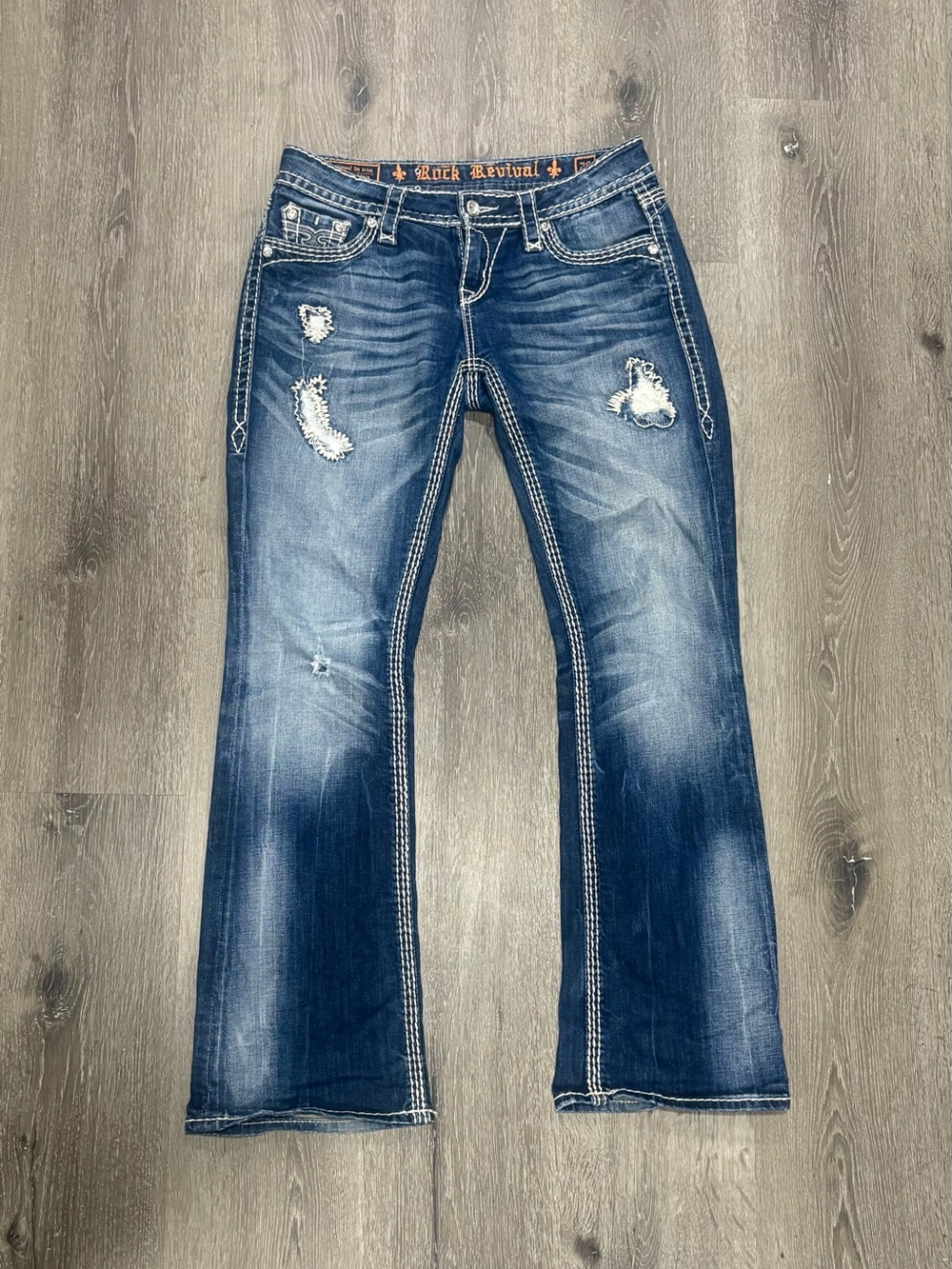 Rock Revival Buckle Women’s Distressed Bootcut Jeans - Dark Blue